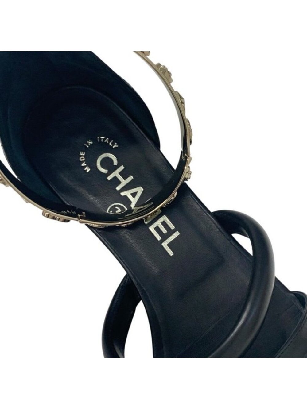 Chanel Sandals Shoes Leather Black Gold Coco Mark Icon Metal Strap Quilted - Picture 7 of 10